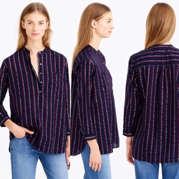 J. Crew Tops - J. Crew Top Navy Metallic Stripe Popover Tunic 1/2 Button Shirt Long Sleeve